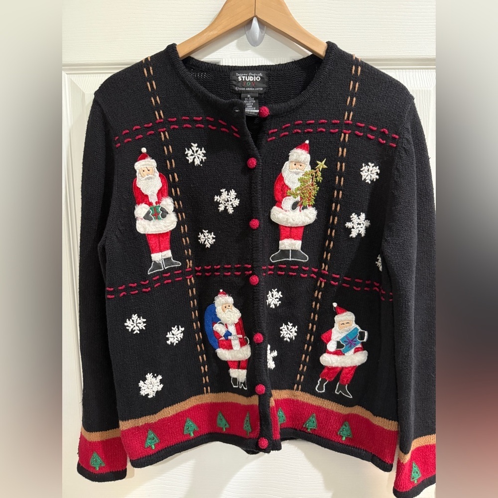 Designers Originals Black Red Santa Christmas Holiday VTG  Cardigan Cotton Blend